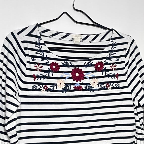J. Crew Embroidered Knit Sweater Women's Medium White Striped Floral Bell Sleeve - Picture 8 of 15